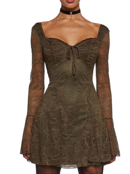 dELiA*s Dresses & Skirts - dELiA*s Olive Green Lace Long-Sleeve Sweetheart Mini Dress